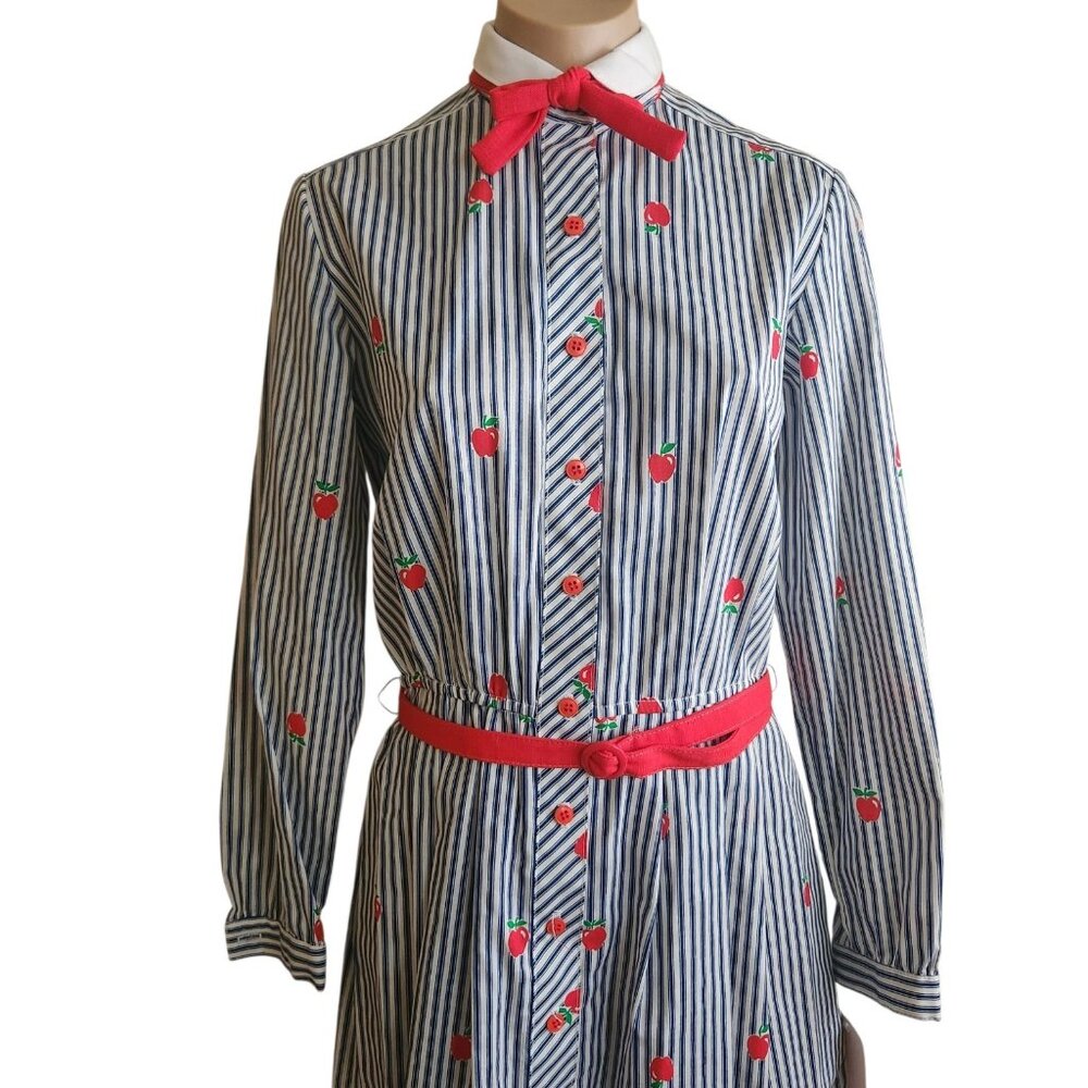 Vintage Lanz 1970s Belted Shirt Dress Teacher Apple Stripes Print Size 11/12 - Picture 2 of 16